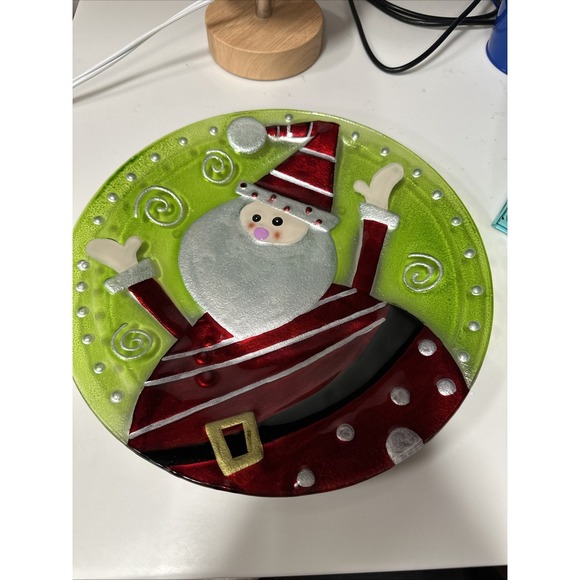 Lori‎ Siebert For Silvestri Glass Fusion Handblown 12' Round Santa Platter - Picture 1 of 4